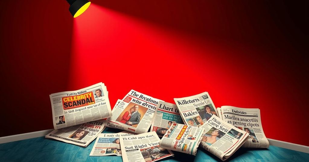 A dramatic representation of shocking celebrity scandals with a spotlight and newspaper headlines in bold colours.