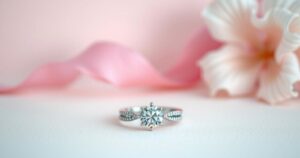 An elegant engagement ring with a soft blur of pastel colours in the background, evoking romance and joy.