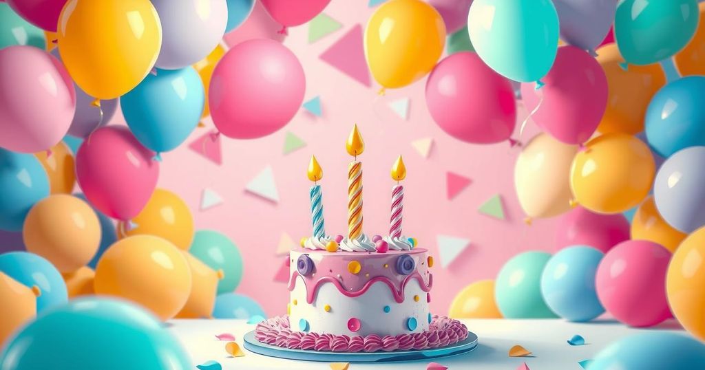 A festive birthday celebration scene featuring colourful balloons, a cake, and vibrant decorations, conveying joy.