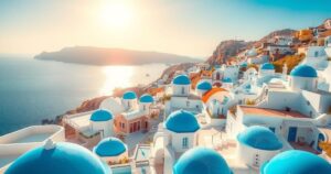 A stylised illustration of a sun-drenched Greek island with vibrant colours, symbolising vacation romance and escapism.