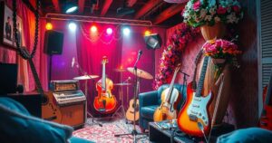 A vibrant illustration of a film set with musical instruments, celebrating creativity and artistry in a romantic atmosphere.