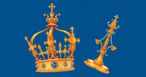 A whimsical royal-themed illustration featuring a crown, sceptre, and a heart, adorned in gold and royal blues.