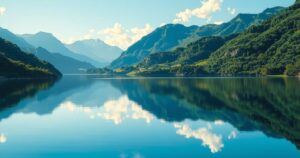 A serene landscape featuring a calm lake surrounded by lush greenery and mountains under a bright blue sky.