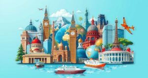 A collage of famous landmarks with vibrant colours, showcasing a global travel theme in a modern artistic style.