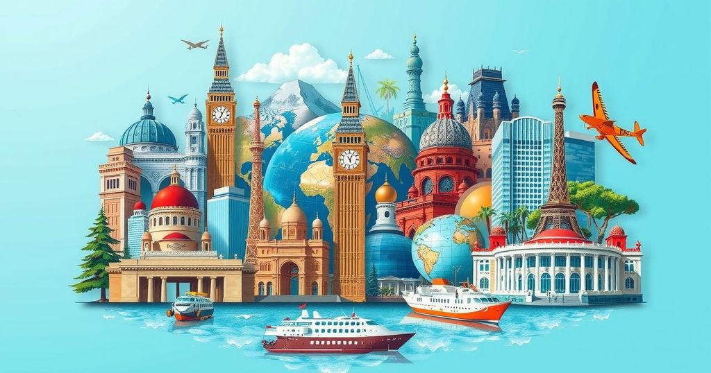 A collage of famous landmarks with vibrant colours, showcasing a global travel theme in a modern artistic style.