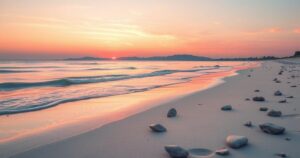 A serene beach scene at sunset with gentle waves and a calming pastel colour palette.