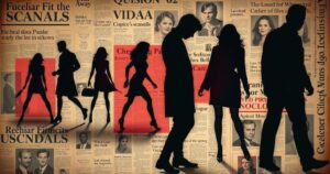 A dramatic collage of celebrity scandals featuring shadowy silhouettes and newspaper clippings styled in vintage tones.