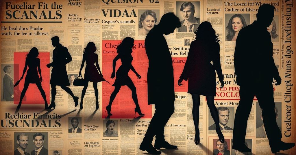 A dramatic collage of celebrity scandals featuring shadowy silhouettes and newspaper clippings styled in vintage tones.
