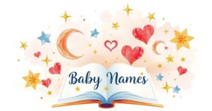 Abstract representation of a baby name concept with symbols of stories and hope, using soft pastel colours.
