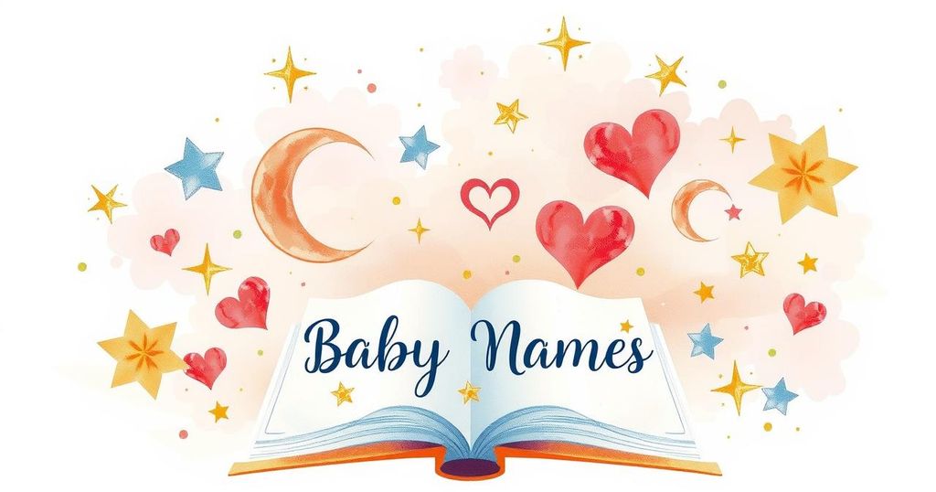 Abstract representation of a baby name concept with symbols of stories and hope, using soft pastel colours.