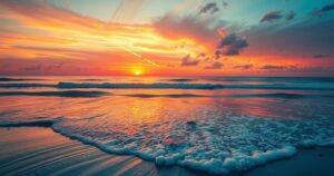 A colourful sunset over a serene beach with gentle waves, depicting a sense of renewal and new beginnings.