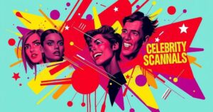 A dramatic depiction of celebrity scandals, featuring vibrant colours and abstract elements, reflecting modern pop culture.