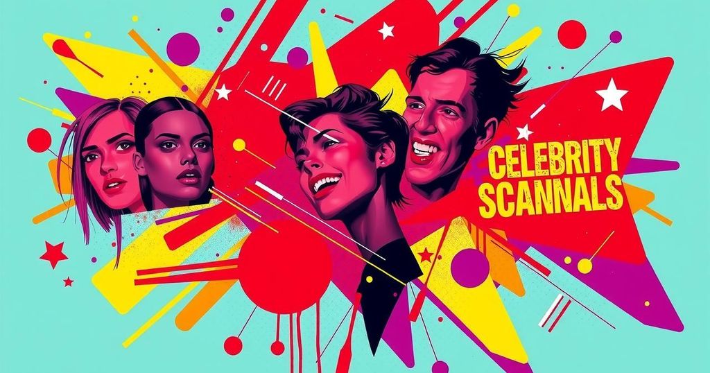 A dramatic depiction of celebrity scandals, featuring vibrant colours and abstract elements, reflecting modern pop culture.