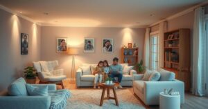 A serene family home interior with cinematic lighting and soft colour tones, conveying a sense of connection and warmth.
