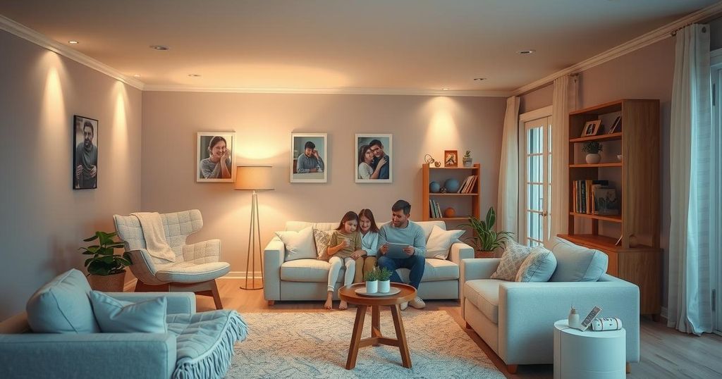 A serene family home interior with cinematic lighting and soft colour tones, conveying a sense of connection and warmth.