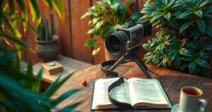 A cinematic setting with a vintage film camera, lush green plants, and a stylish film script, conveying cinema and creativity.