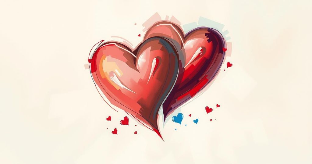Abstract illustration of two intertwined hearts symbolizing romance and friendship in soft pastel colours.