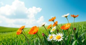 A serene landscape featuring lush greenery and colourful flowers, representing inspiration and positivity.