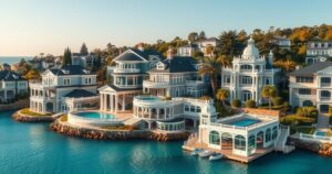 A scenic view of luxury real estate reflecting expensive Aussie divorces, featuring opulent homes, gardens and water.