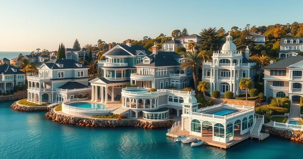 A scenic view of luxury real estate reflecting expensive Aussie divorces, featuring opulent homes, gardens and water.