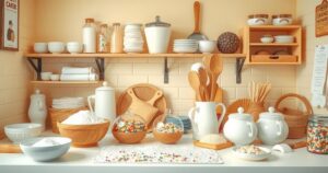 A vibrant kitchen scene featuring colourful baking ingredients and utensils, representing culinary creativity and passion.