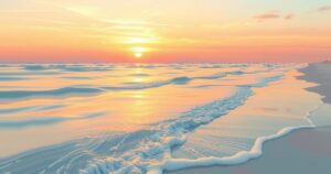 A serene beach scene with a sunset backdrop, soft waves, and a calm atmosphere, reflecting a tranquil moment of respite.