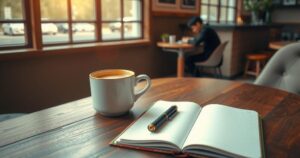 A cosy coffee cup with a notebook on a table, representing personal reflection and dating rules.