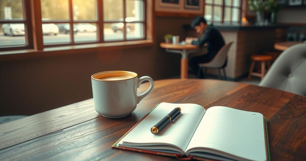 A cosy coffee cup with a notebook on a table, representing personal reflection and dating rules.