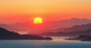 A serene sunset landscape with rolling hills and a calm lake, reflecting warm orange and pink hues.