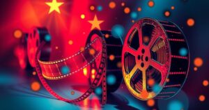Colourful abstract representation of cinema with film reels and lights inspired by modern artistic styles.