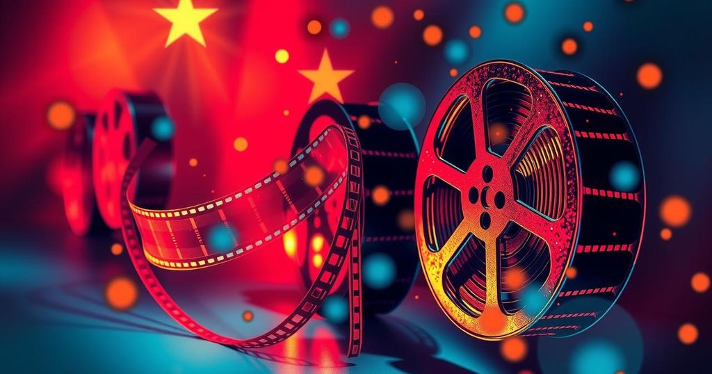 Colourful abstract representation of cinema with film reels and lights inspired by modern artistic styles.