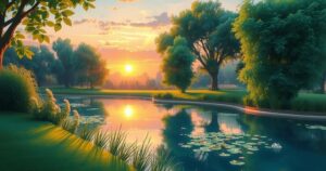 A tranquil scene of a sunset casting soft, warm hues over a quiet park, symbolising love and connection.
