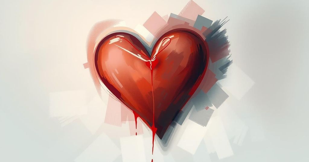 A romantic scene depicting a heart surrounded by shadows, symbolising unrequited love with soft pastels.