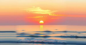 A serene sunset over a calm ocean, evoking a sense of remembrance and loss with warm, muted colours.