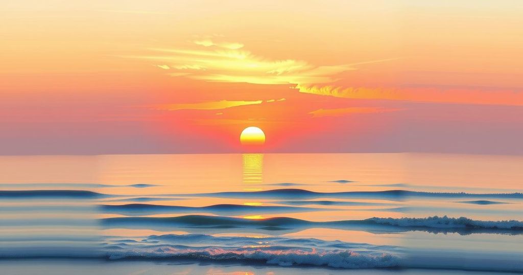 A serene sunset over a calm ocean, evoking a sense of remembrance and loss with warm, muted colours.