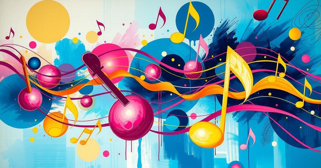 A vibrant, artistic representation of musical influences, featuring abstract sound waves and notes in bright colours.