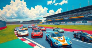 A serene landscape of a racing circuit under a clear sky, showcasing racing cars in motion.