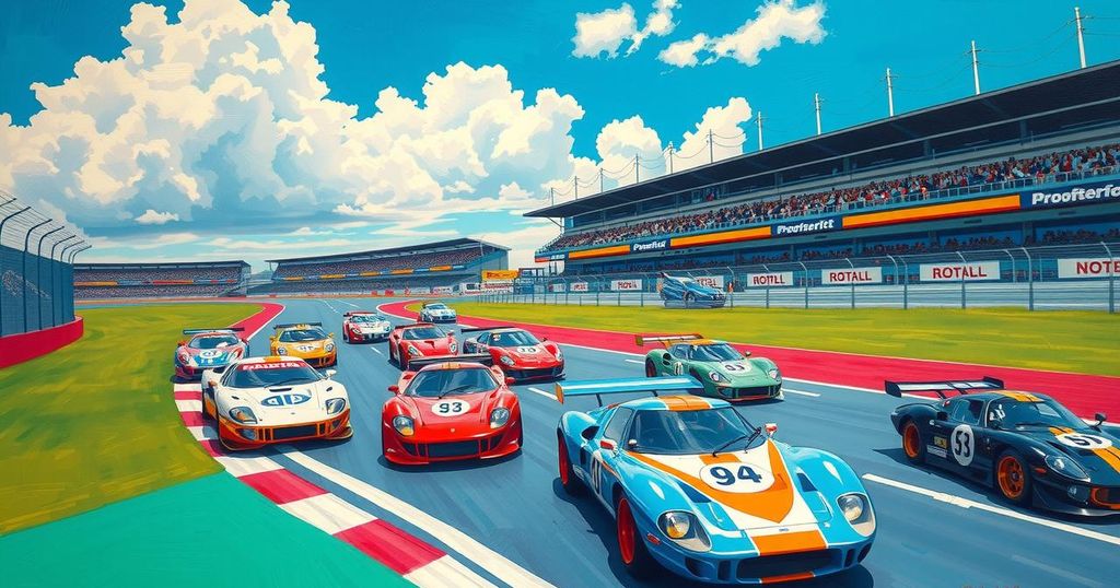 A serene landscape of a racing circuit under a clear sky, showcasing racing cars in motion.