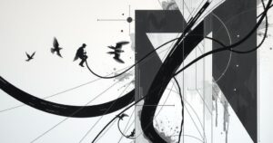 Black-and-white abstract art featuring geometric shapes symbolizing transformation and personal growth without human elements.