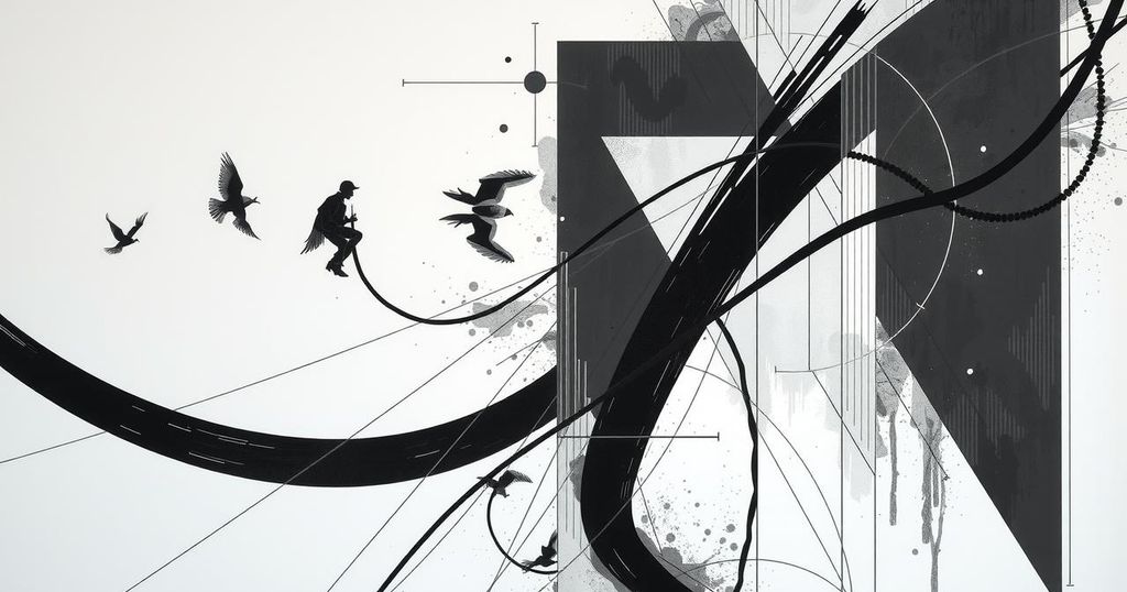 Black-and-white abstract art featuring geometric shapes symbolizing transformation and personal growth without human elements.