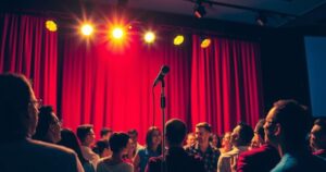 A vibrant comedy stage scene with a microphone, spotlight, and cheering audience, capturing the essence of stand-up comedy.