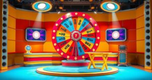 A nostalgic game show set with vibrant colours and a spinning wheel, evoking memories of classic TV moments.