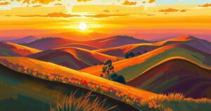 A vibrant sunset over a serene landscape with rolling hills, representing change and new beginnings in broadcasting.