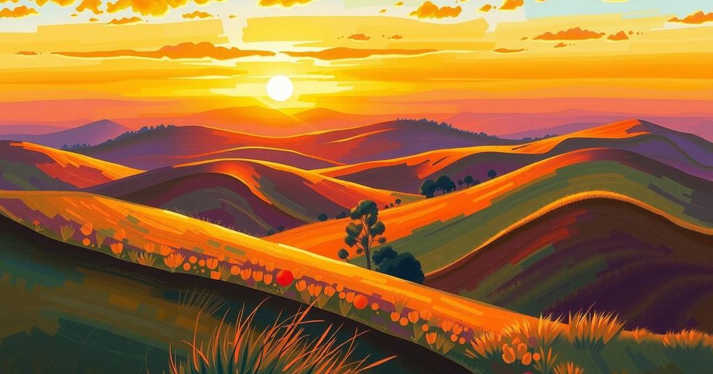 A vibrant sunset over a serene landscape with rolling hills, representing change and new beginnings in broadcasting.