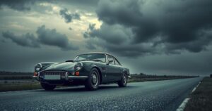 Classic black sports car on a quiet road, with a cloudy sky, evoking a feeling of solitude and contemplation.