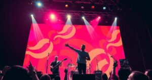 Colourful concert scene with dynamic musical energy reflecting resilience and strength after personal growth.