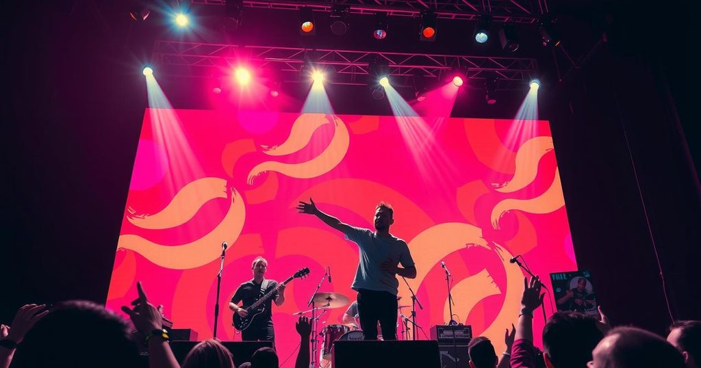 Colourful concert scene with dynamic musical energy reflecting resilience and strength after personal growth.