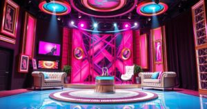A vibrant illustration of a glamorous reality show set with flashy lights and luxurious decor, symbolising celebrity culture.