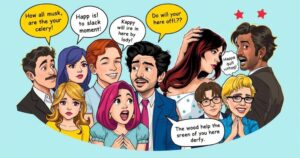 A colourful collage portraying awkward celebrity moments with amusing cartoon elements and vibrant backgrounds.