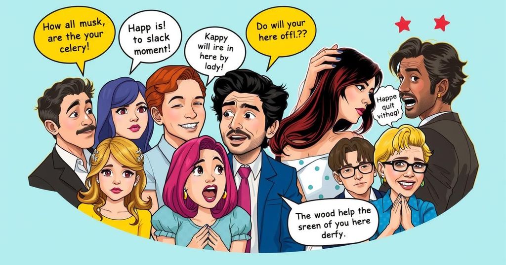 A colourful collage portraying awkward celebrity moments with amusing cartoon elements and vibrant backgrounds.